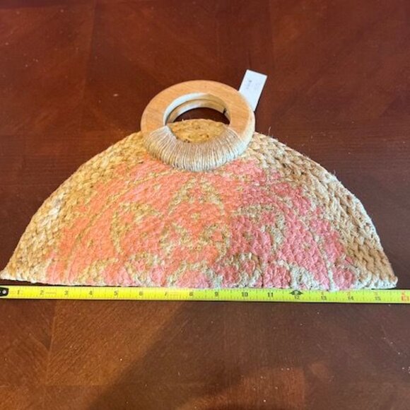 Antik Kraft Jute Woven Clutch With‎ Wooden Handles & Pink Pattern purse handbag - Picture 2 of 10